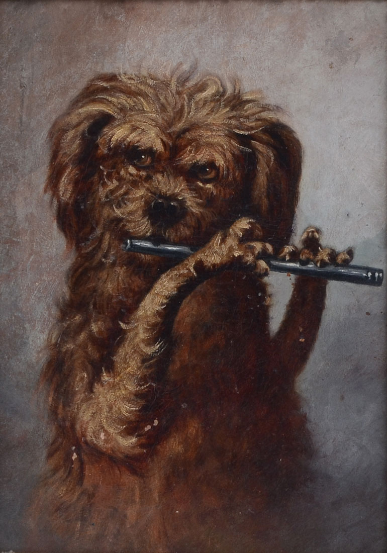 Appraisal: PORTRAIT PAINTING OF A DOG FLAUTIST Late th or early