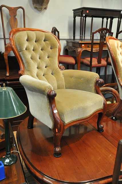 Appraisal: A VICTORIAN MAHOGANY GENTS CHAIR IN VELOUR UPHOLSTERY