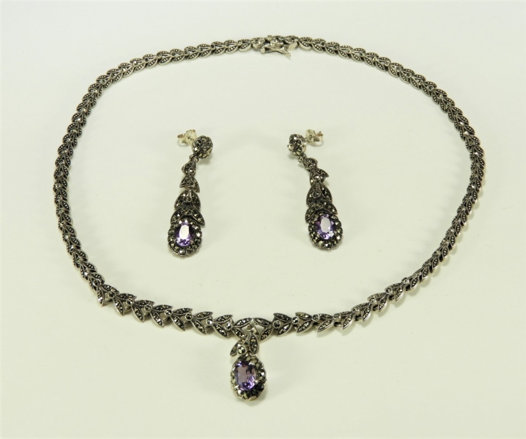 Appraisal: STERLING SILVER AMETHYST NECKLACE EARRING SET United States th CenturyVictorian