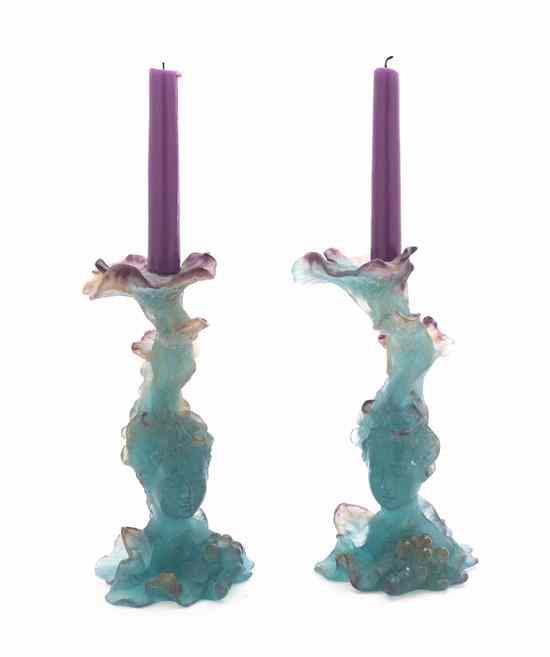 Appraisal: A Pair of Daum Glass Candlesticks each standard modeled with