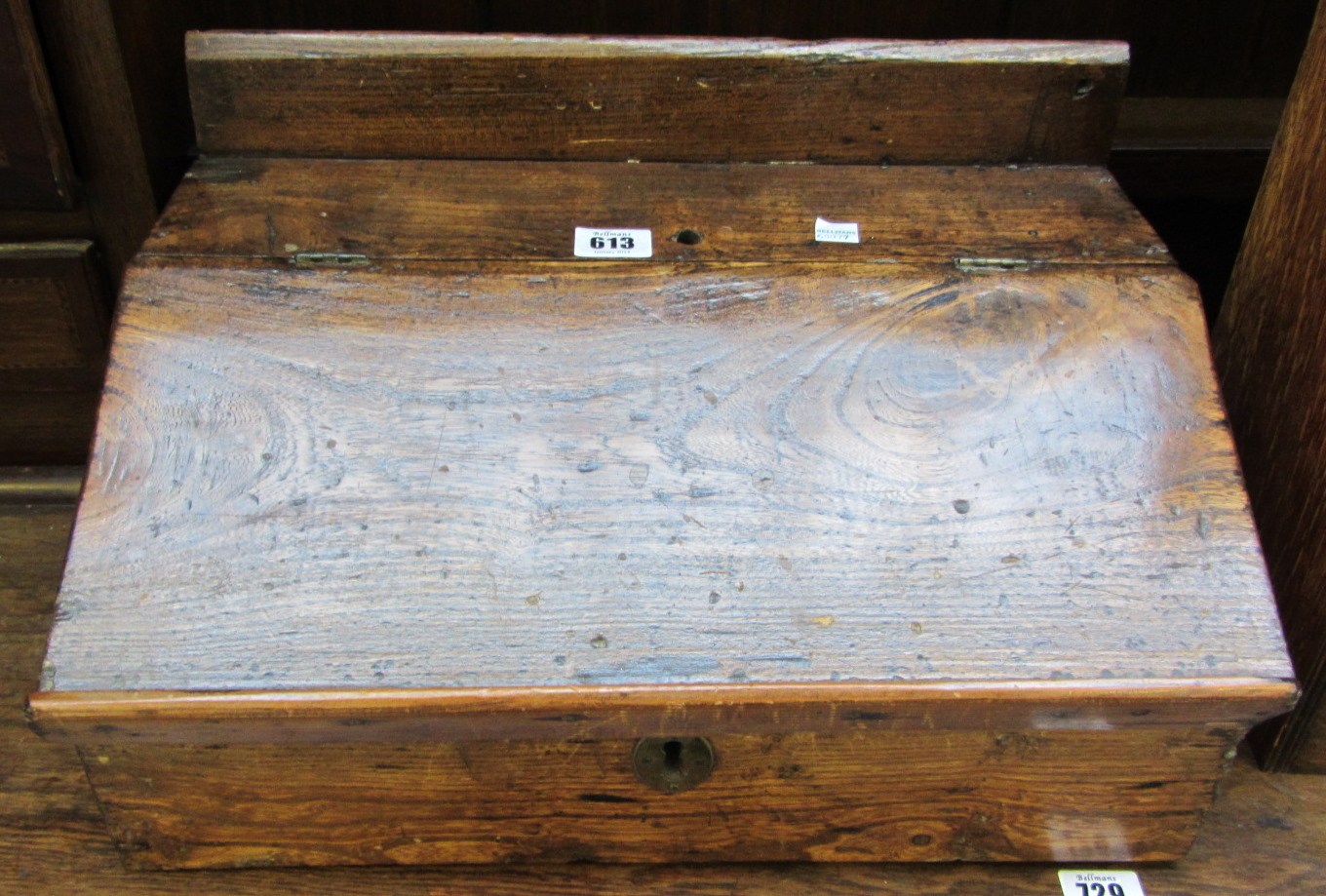 Appraisal: An th Century elm slope-front box cm wide together with