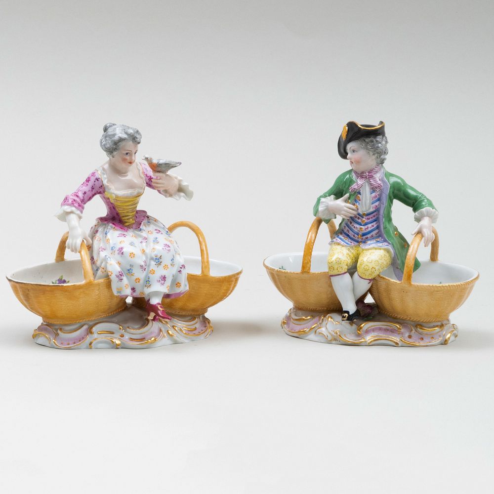 Appraisal: Pair of Meissen Porcelain Figural Salt Cellars Blue crossed sword