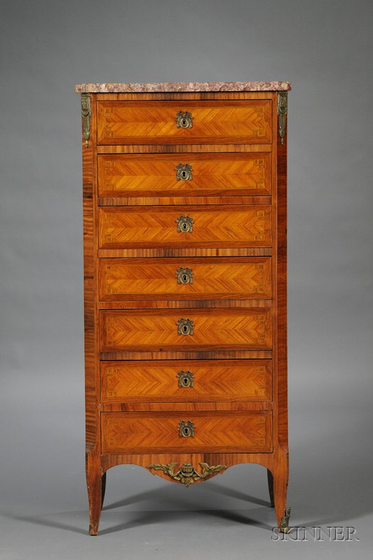 Appraisal: Louis XV XVI Style Bronze-mounted and Marble-top Tulipwood Semainier rectangular