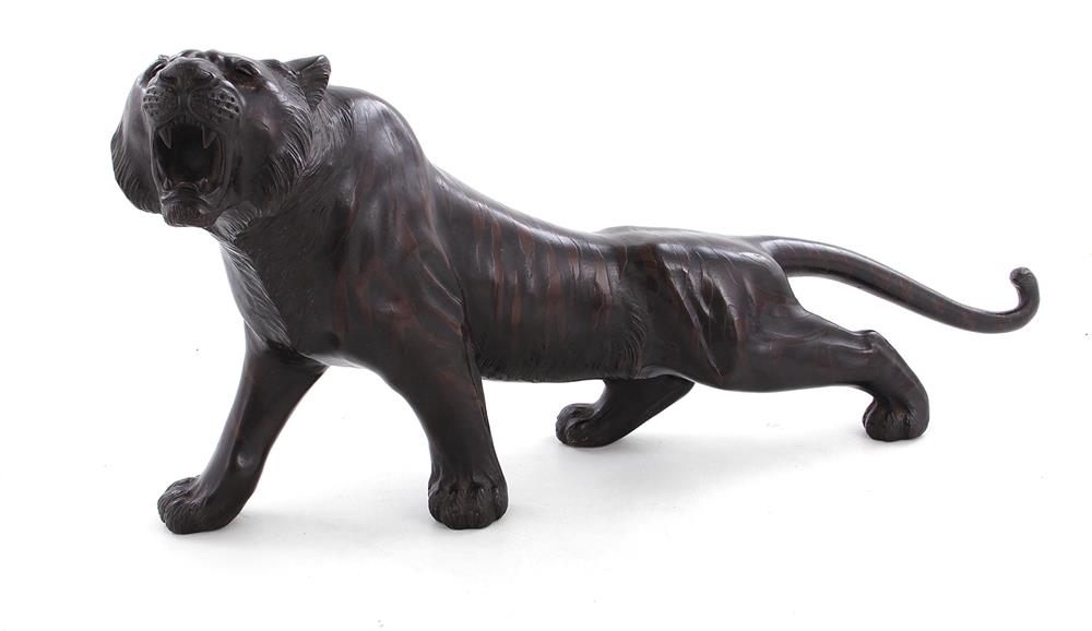 Appraisal: Japanese bronze tiger signed Meiji period roaring beast depicted in