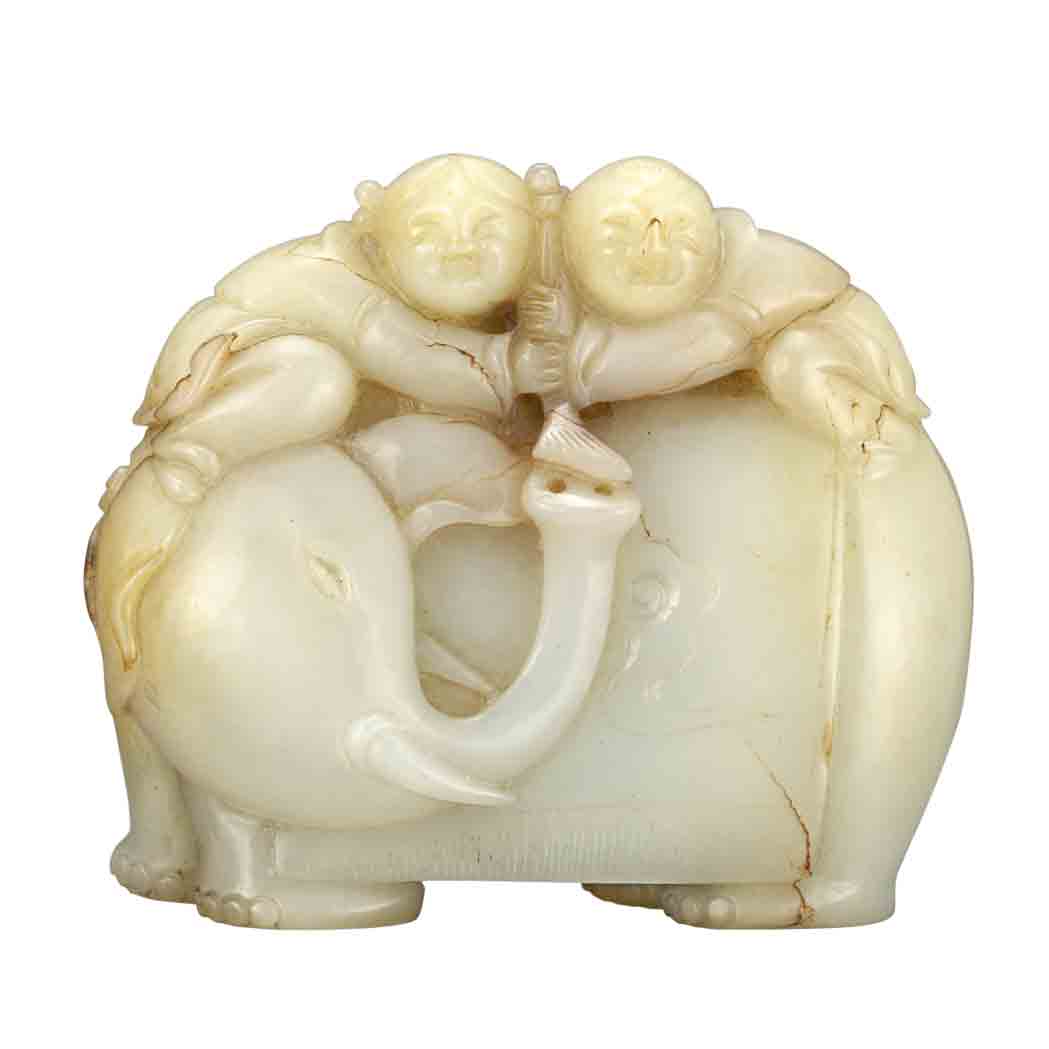 Appraisal: Chinese Celadon Jade Boy and Elephant Group The two boys