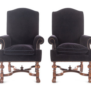 Appraisal: A Pair of William and Mary Style Velvet-Upholstered Walnut Armchairs