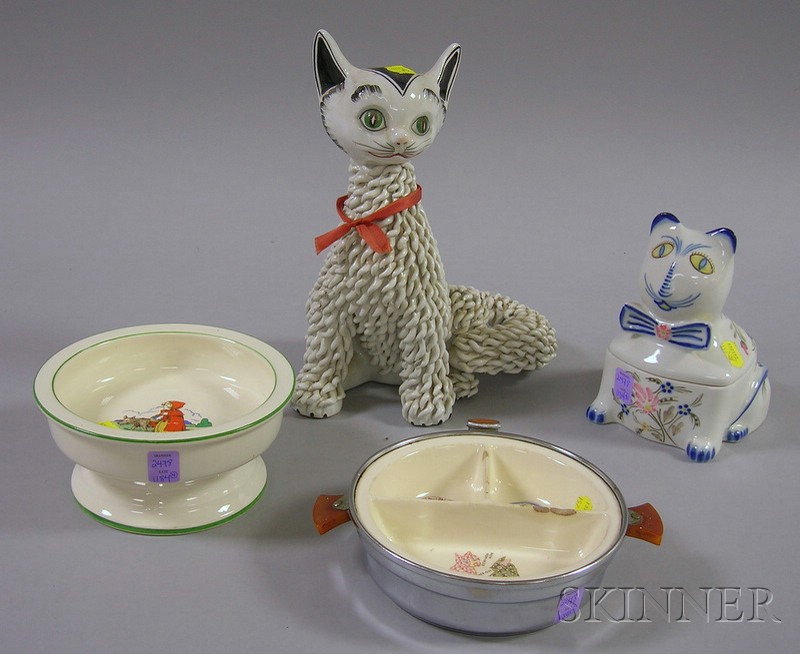 Appraisal: Two European Ceramic Cats and Two Child's Dishes