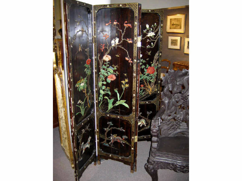 Appraisal: ASIAN TH CENTURY LACQUERED ROOM SCREEN Four panels inset to