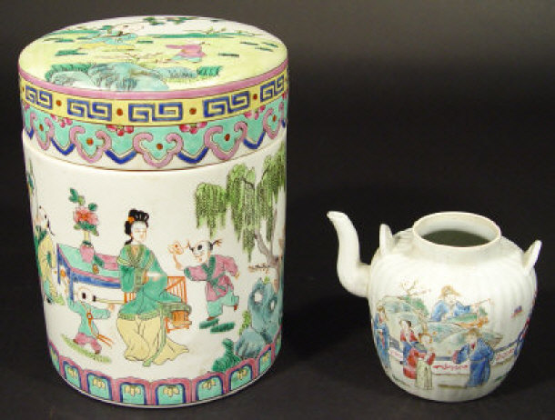 Appraisal: Chinese cylindrical porcelain pot and cover enamelled with figures together