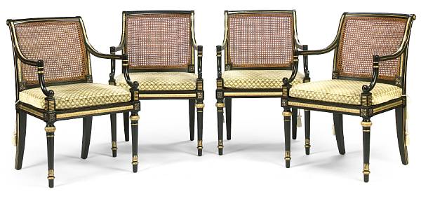 Appraisal: A set of four Regency style parcel gilt ebonized armchairs