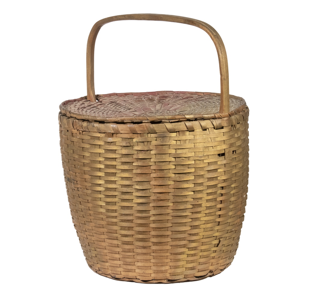 Appraisal: SPLINT LIDDED BASKET Native American Woven Round Ash Splint Basket