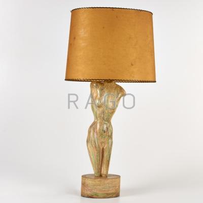 Appraisal: HEIFETZ Figural table lamp USA s Pickled wood brass parchment