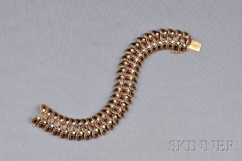 Appraisal: kt Gold Plique-a-jour Enamel and Diamond Bracelet the bombe form