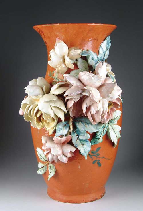 Appraisal: LARGE ART POTTERY VASE WITH APPLIED FLOWERS Large flaring mouth