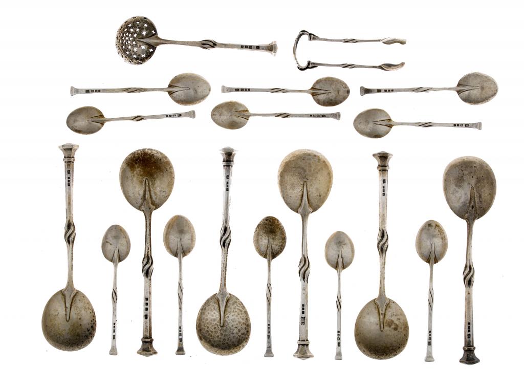 Appraisal: A SET OF OMAR RAMSDEN SILVER SPOONS the tapered hexagonal