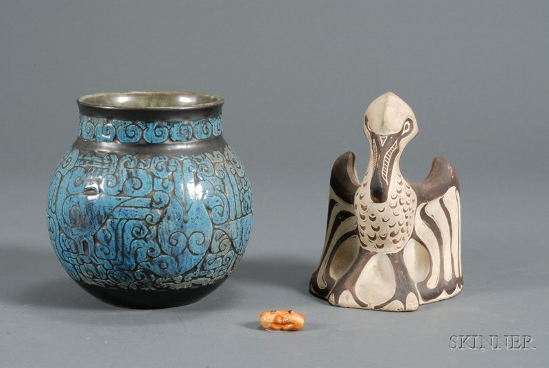 Appraisal: Shearwater Vase Small Crab Figure and Pelican Pottery Ocean Springs