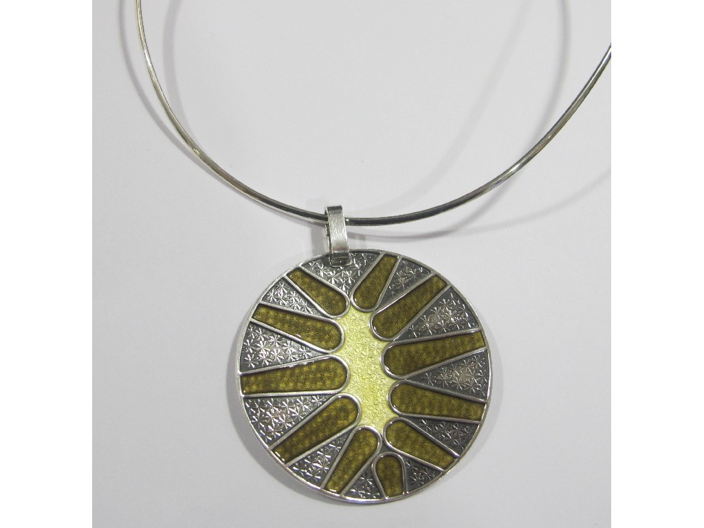 Appraisal: Norwegian silver and enamel circular pendant with abstract design in