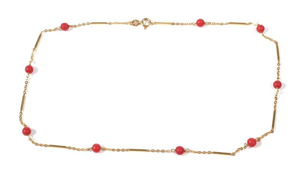 Appraisal: K GOLD CORAL BEAD NECKLACE K gold coral bead necklace