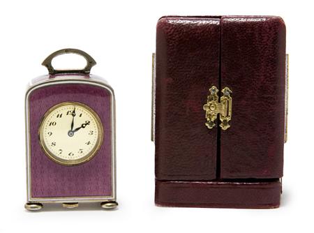 Appraisal: Ateliers Juvenia Swiss Purple Guilloche Enameled Travel Clock Estimate -