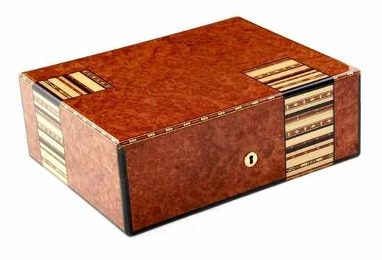 Appraisal: Finely inlaid burl veneer and cedar humidor rectangular hinged locking