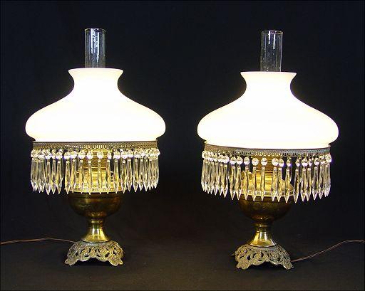 Appraisal: PAIR BRASS LAMPS WITH ELEGANT WHITE SHADES AND PRISMS Brass