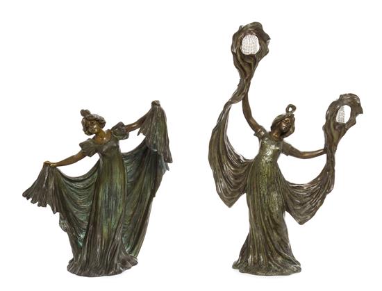 Appraisal: Sale Lot Two Art Nouveau Style Cast Metal Figural Lamps