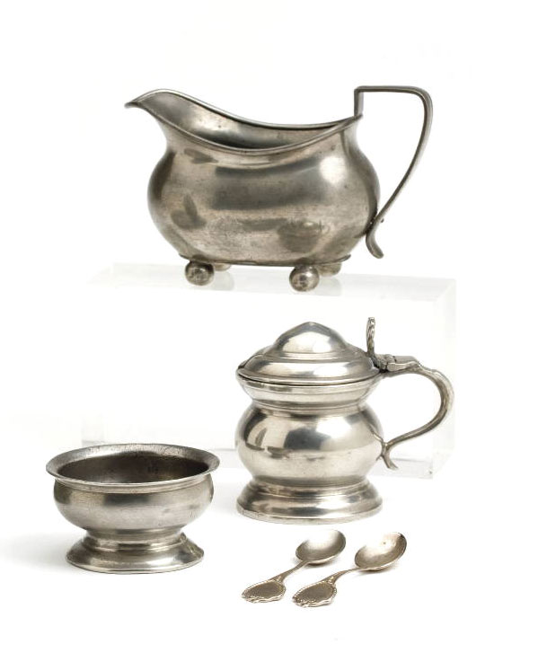 Appraisal: PEWTER MUSTARD POT AN OPEN SALT AND A SAUCEBOAT EIGHTEENTH