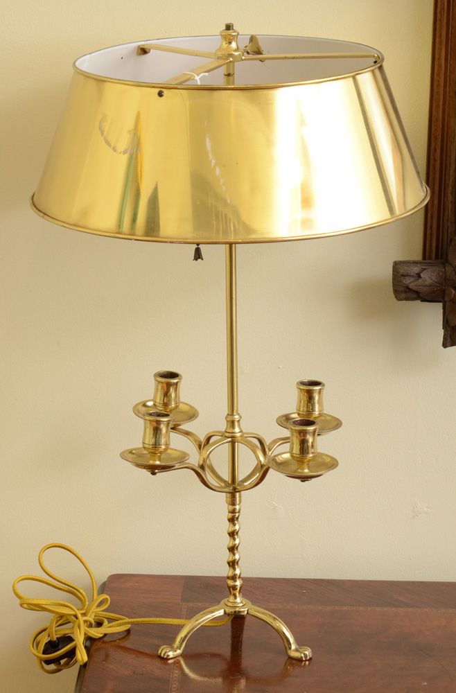 Appraisal: Pair of English Brass Bouillotte Lamps With brass shades x