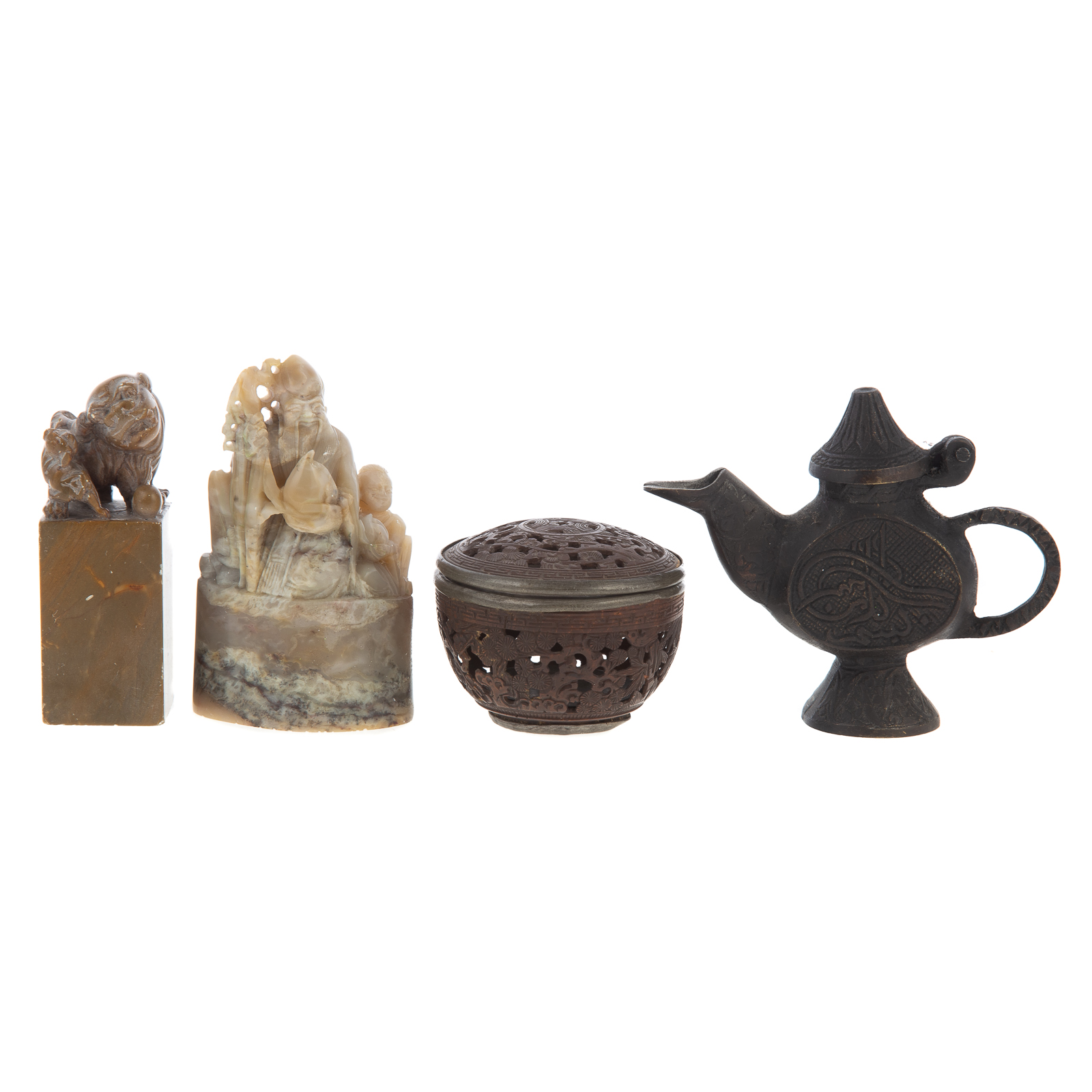 Appraisal: FOUR CHINESE OBJECTS Includes carved coconut shell and pewter cricket