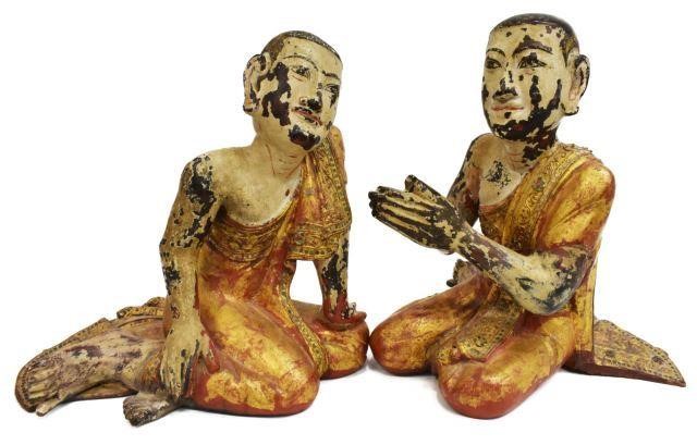 Appraisal: pair Burmese parcel gilt and lacquered carved wood Buddhist monk