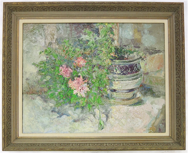 Appraisal: FLORAL STILL-LIFE OIL ON CANVAS flowers growing out of a