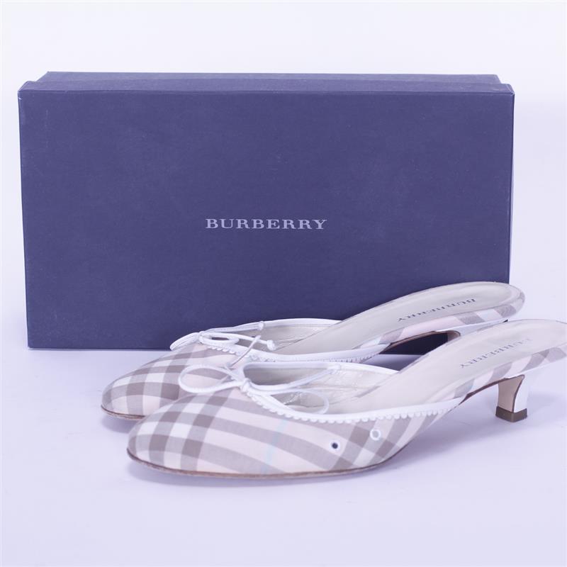 Appraisal: Burberry plaid leather kitten heel mules with box W