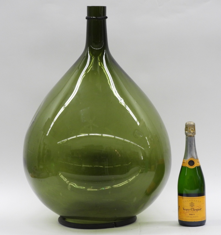 Appraisal: LG GREEN GLASS DEMIJOHN OLIVE OIL BOTTLE United States th