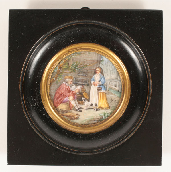 Appraisal: French th century portrait miniature on ivory depicting a street