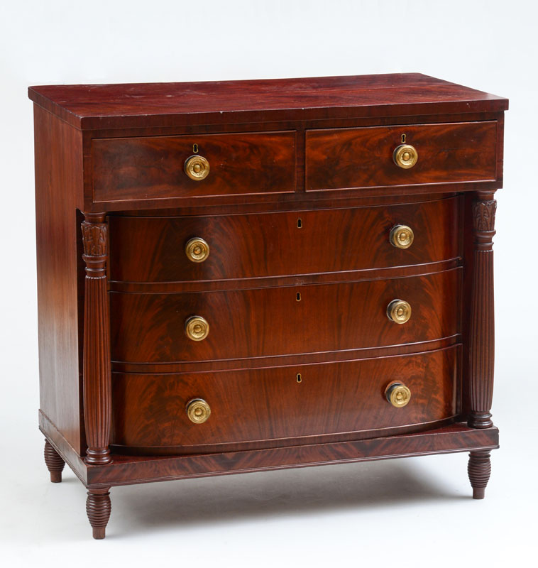 Appraisal: CLASSICAL CARVED MAHOGANY AND FIGURED MAHOGANY CHEST OF DRAWERS SCHOOL