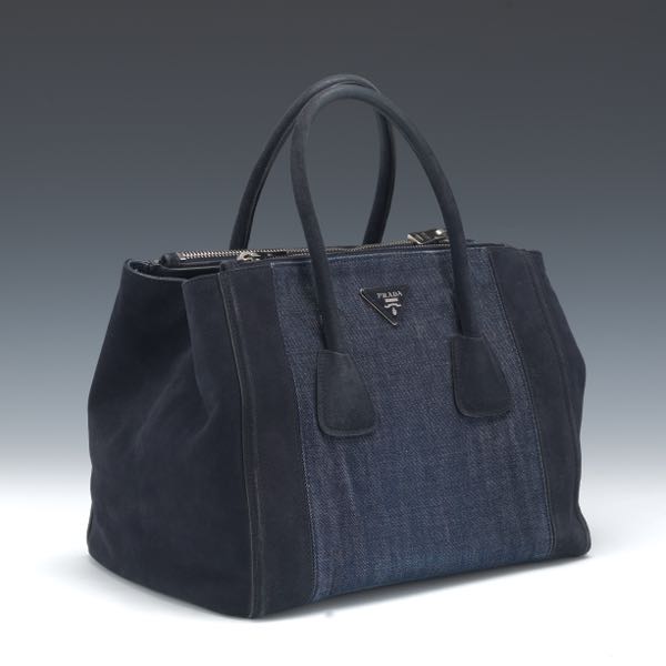 Appraisal: PRADA DENIM AND SUEDE BAG x x Practical trapeze-like navy