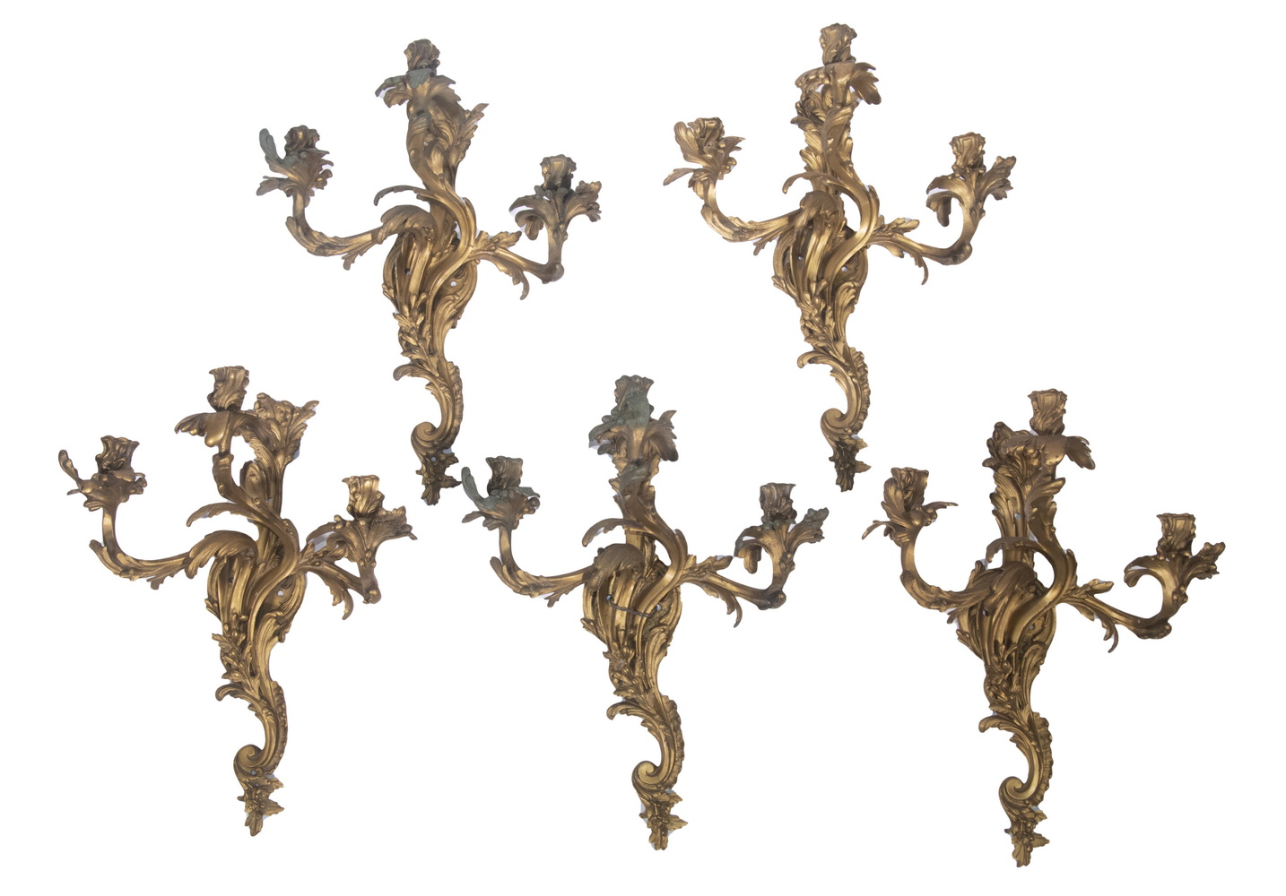 Appraisal: FRENCH BRONZE SCONCES Group of th c Rococo Gilded Bronze