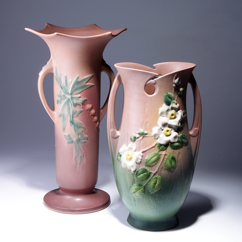 Appraisal: Two ROSEVILLE pink vases one White Rose - hairline extensive