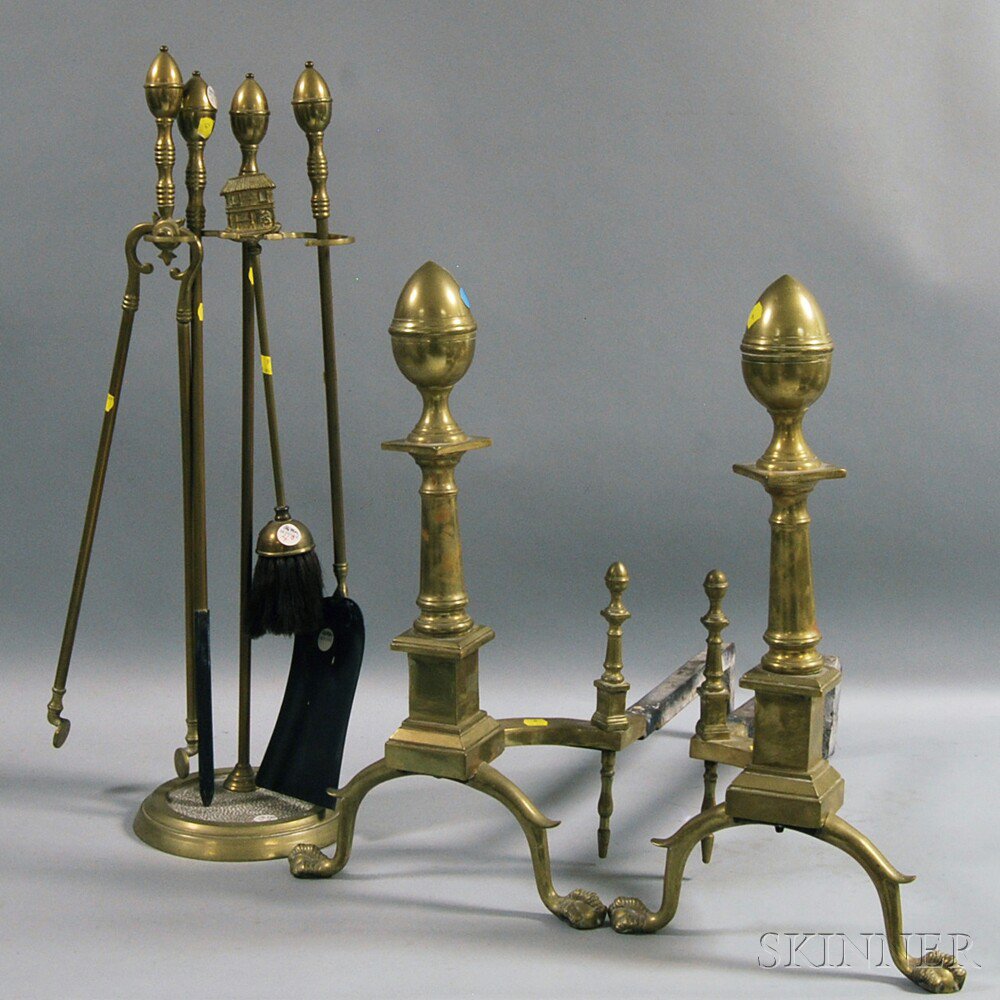 Appraisal: Pair of Belted Lemon-top Andiron Stand and Four Fireplace Tools