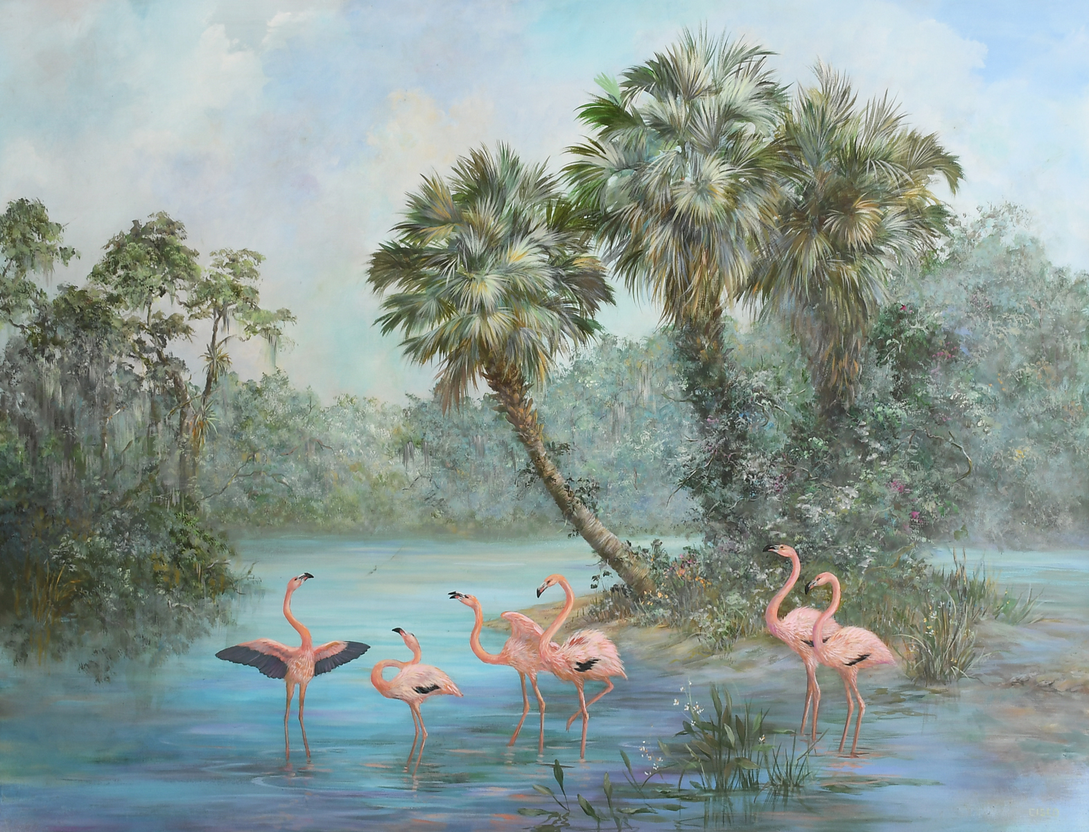 Appraisal: CISCO FLORIDA PAINTING OF FLAMINGOES Oil Canvas '' x ''