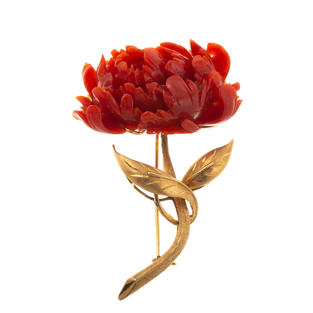 Appraisal: A Carved Coral Flower Brooch in K Yellow Gold K