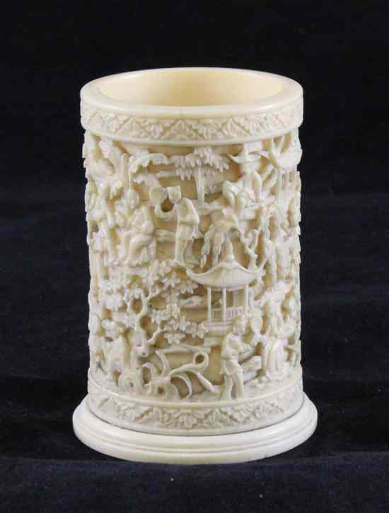 Appraisal: A Chinese ivory brush pot second half th century carved