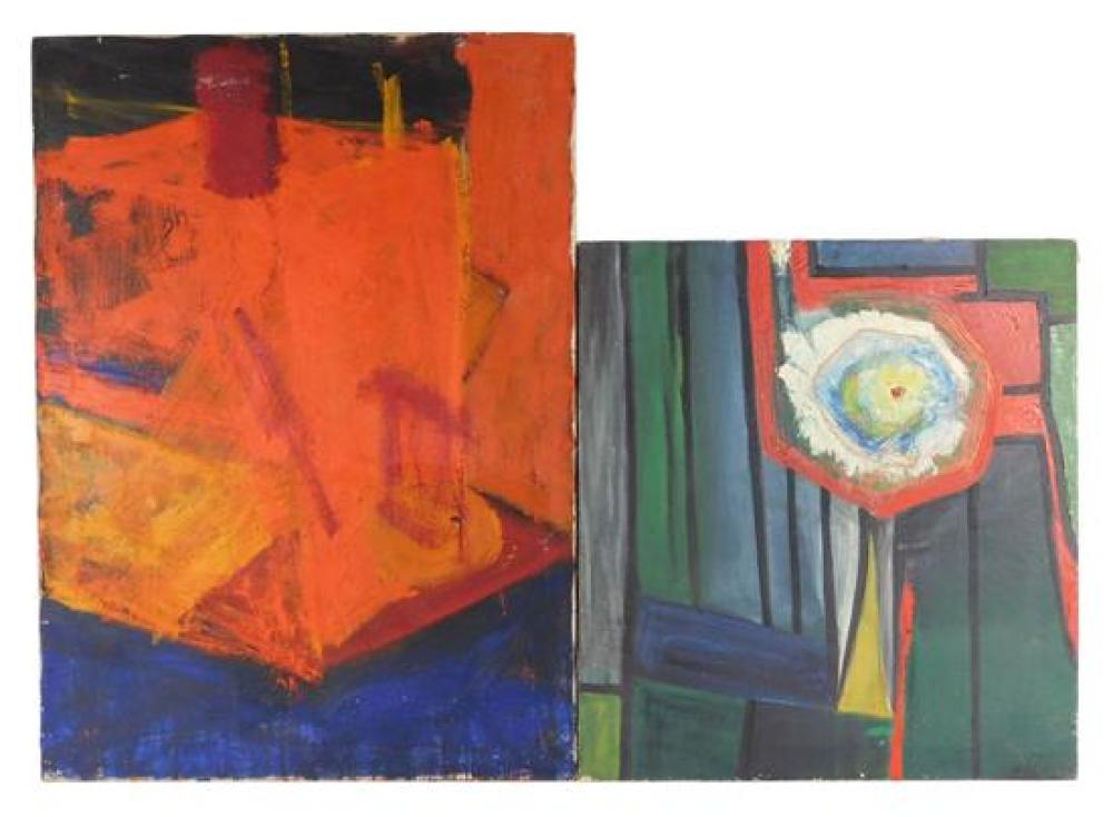 Appraisal: Two unframed oils on canvas both abstracted compositions with vibrant