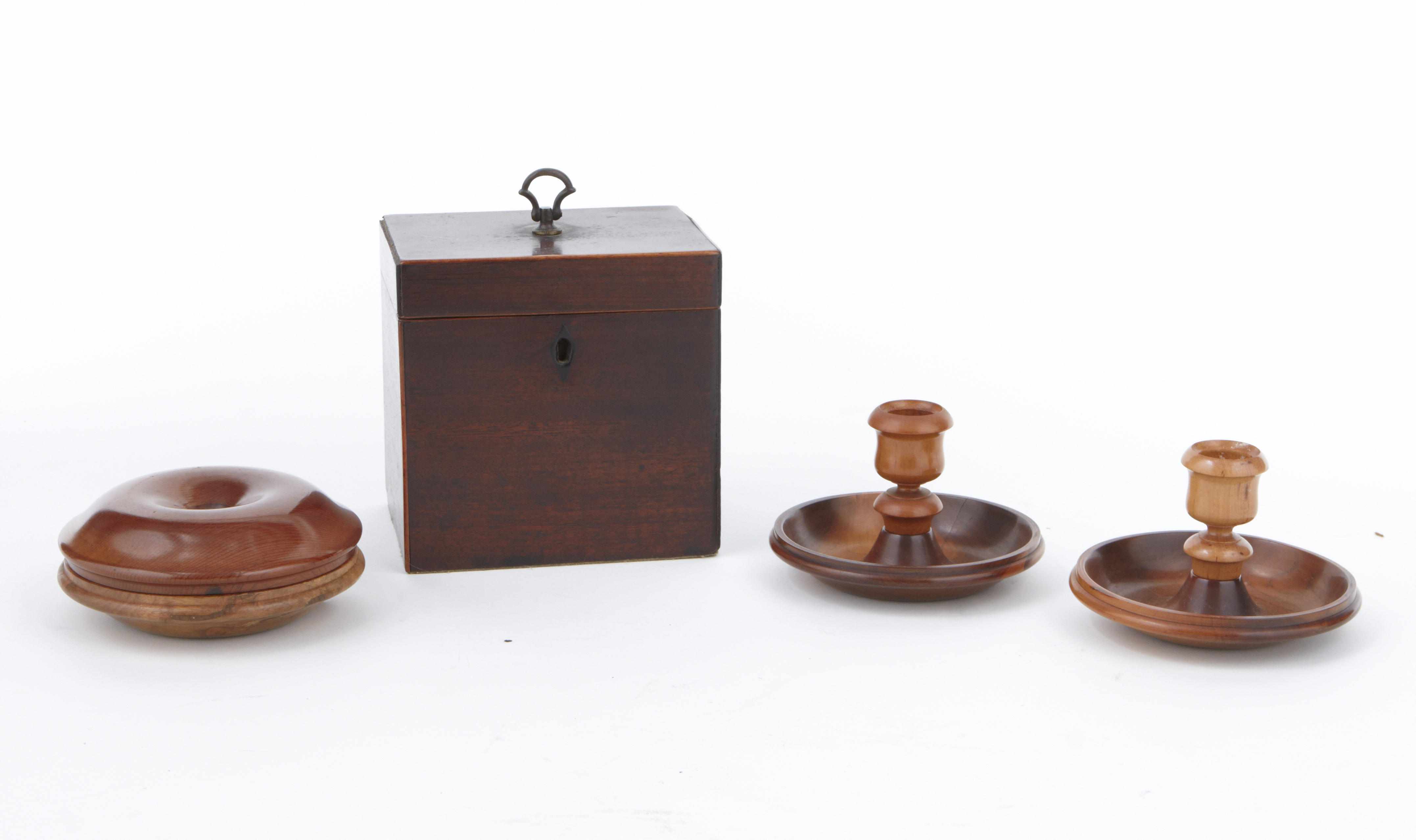 Appraisal: A Regency mahogany tea caddy and four English yew wood