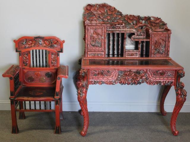 Appraisal: Great Japanese Faux Cinnabar Desk and MatchingChair From a Bronxville