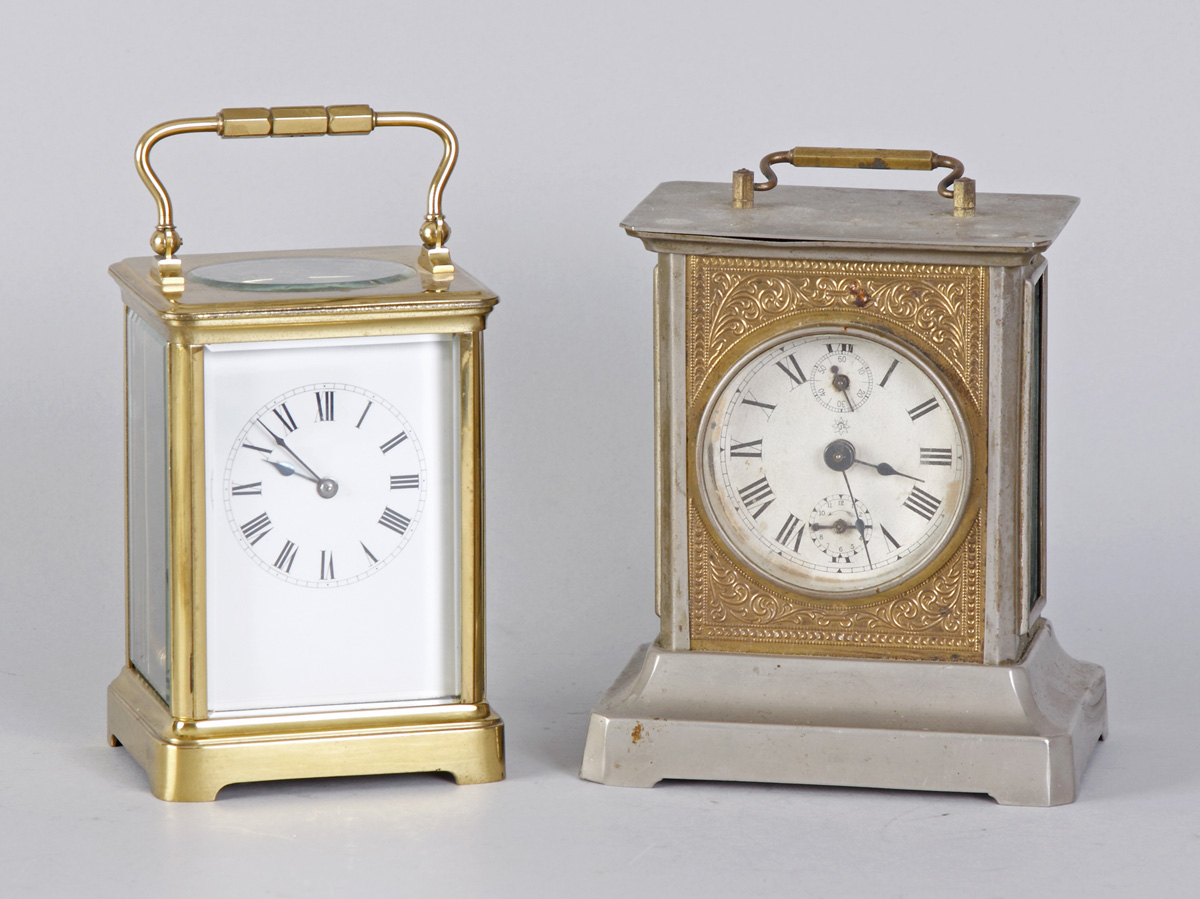 Appraisal: French Brass Carriage Clock w Beveled Glass Porcelain dial day