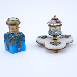 Appraisal: th C French Champlev Enamel and Onyx Ink Stand along