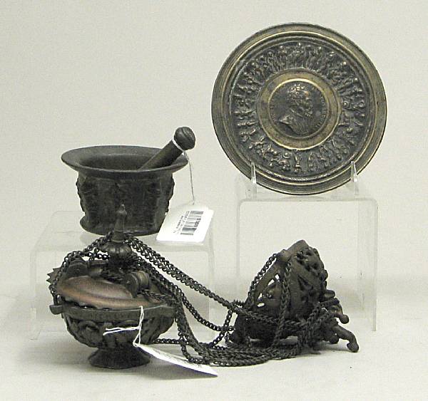 Appraisal: A patinated bronze censer mortar pestle and dish th th