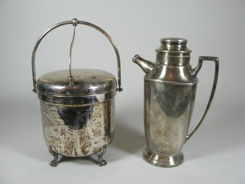 Appraisal: Silverplate Martini Shaker and Ice Bucket Shaker x x Bucket