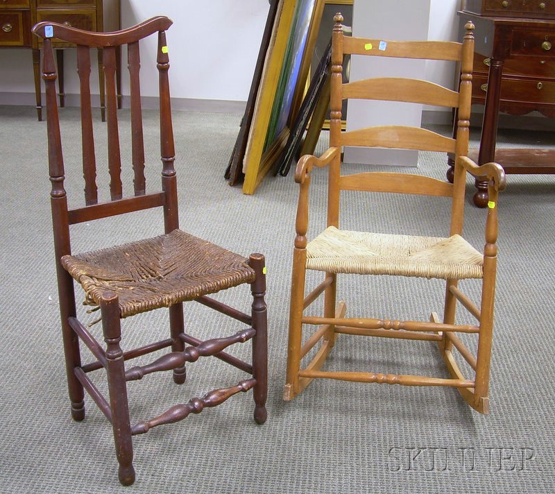 Appraisal: Ladder-back Armrocker and a Bannister-back Side Chair with Rush Seat